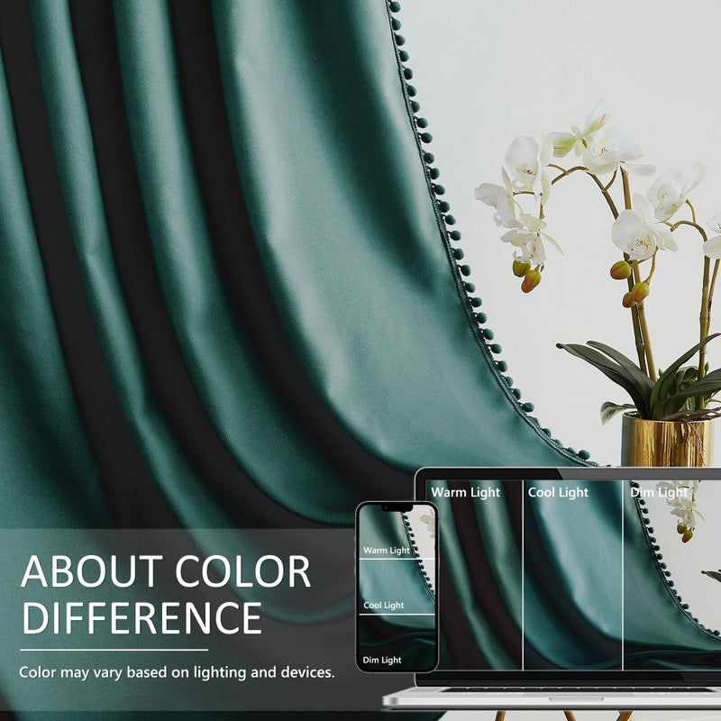Treatmentex Green Blackout Curtains for Bedroom 84 inch Pom Pom Windows Drapes Cute Decorative Triple Weave Thermal Insulated Curtain Drapes for Nursery Room Studio Hotel 52" w x2 Panels Rod Pocket - Image 3